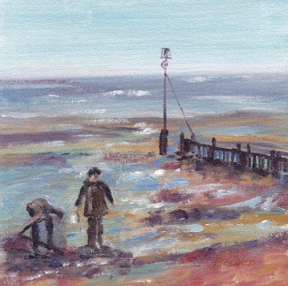 "Collecting cockles, Autumn afternoon, Hunstanton." Oil on board 15cm x 15cm SOLD